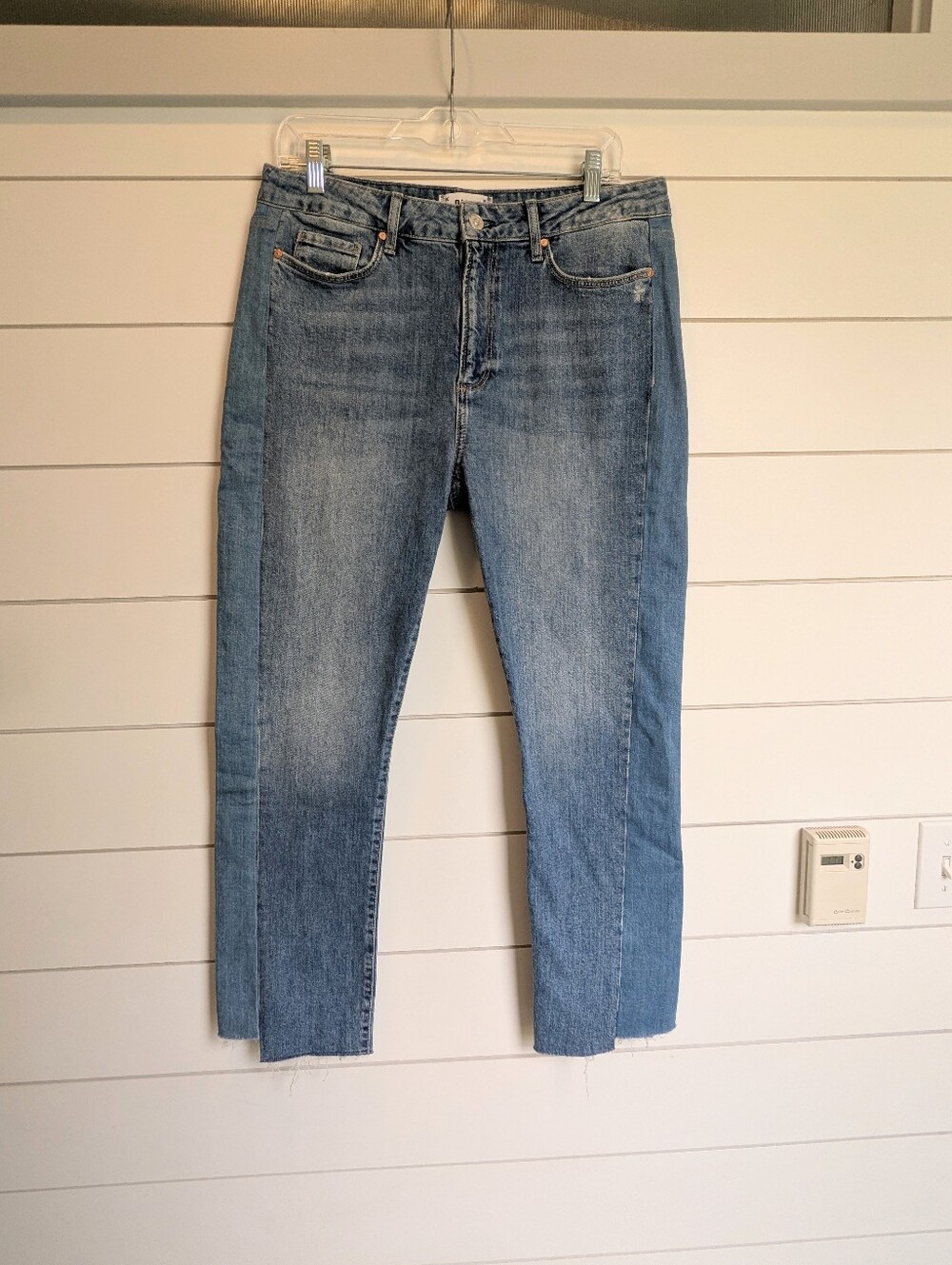 Paige Cindy Straight Jean Size 31 Two Tone Colorblock Denim High Rise Raw Hem